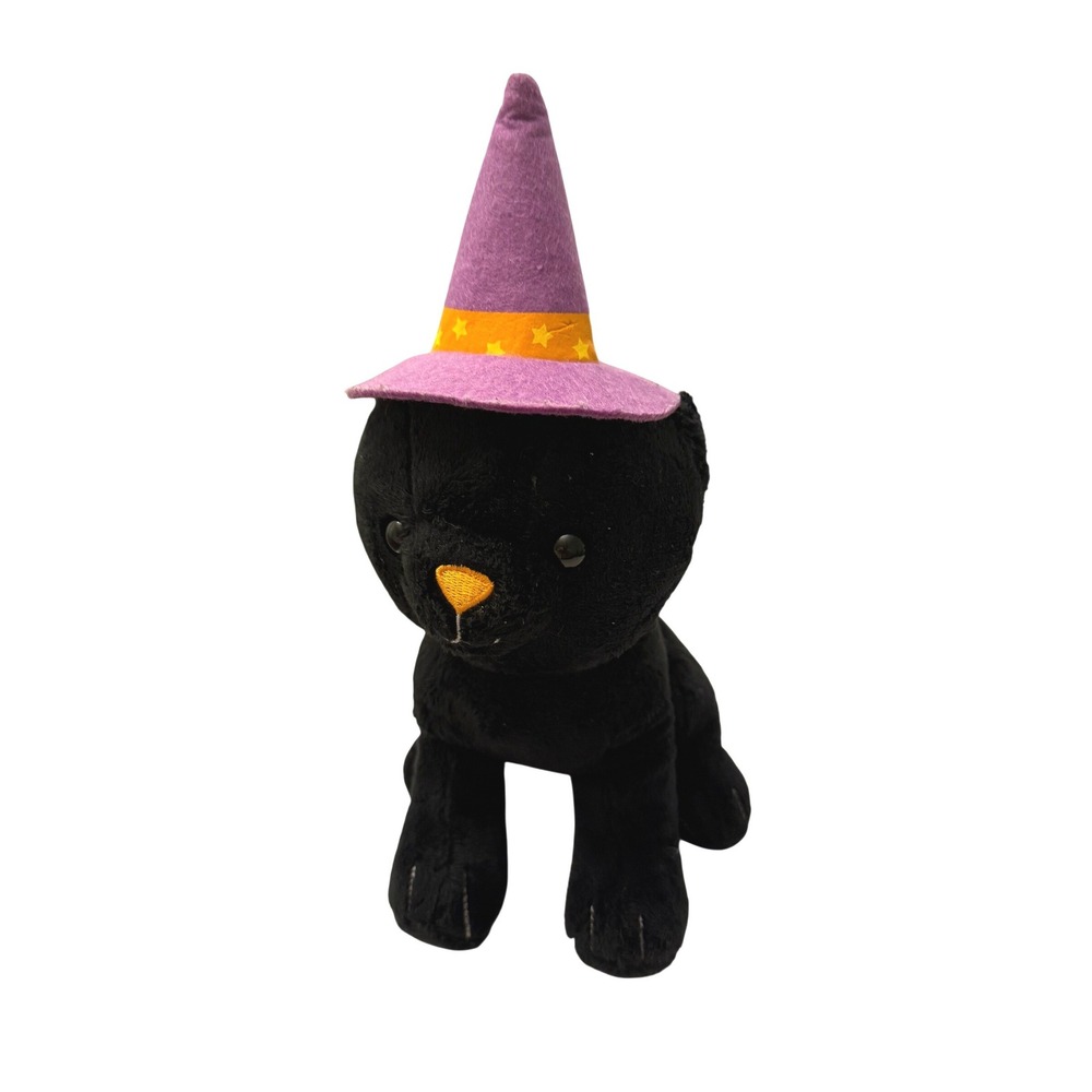 Hallmark Halloween Black Cat Plush Witch Hat Purple Orange Stars 10.5 Inch
